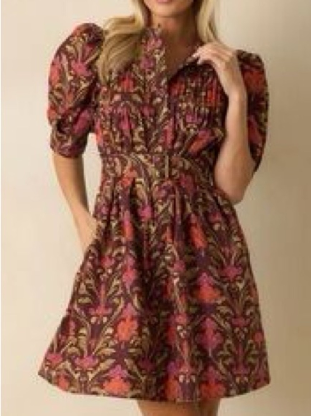 entro Floral Puff-Sleeve Mini Dress in Burgundy and Pink